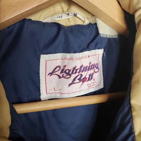 Vintage 80s Lightning Bolt Beige Blue Red Puffer Bomber Collared Coat Size L - Picture 6 of 6
